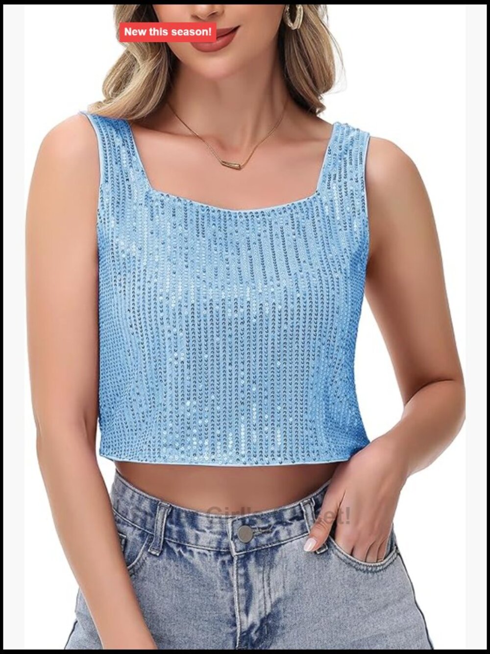 Sequin Cropped Tank Top Square Neck Sleeveless Party Top